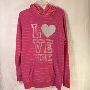 Pink Victoria’s Secret Tunic Hoodie Pocket Pink with silver Stripes Sz M